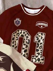 SHEIN 3pcs/Set Colorblock, Burgundy & Brown & Leopard Print Young Girl Casual Minimalist Short Sleeve Round Neck T-Shirt Set - Multicolor - View 3