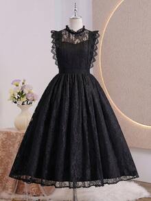 Tween Girls Elegant Back To School Formal Solid Black High Waist Sleeveless Flared Hem Lined Dress Sixth Form,Graduation,Party Autumn Fall - Black - View 4