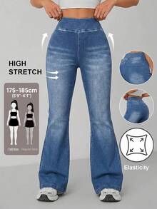 SHEIN PETITE Petite Size Women's Wide Elastic High Waist High Stretch Dusty Blue Lifting Flare Leg Jeans, Multi Pocket Casual Everyday Summer Streetwear Pant - Medium Wash - View 1