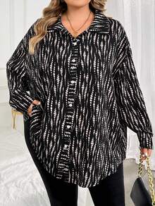SHEIN CURVE+ Plus Size Colorblock Single-Breasted Casual Versatile Long Sleeve Shirt Fall - Black and White - View 5