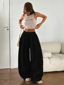 SHEIN PETITE Women's Solid Color Elastic Waist Loose Harem Pants ,Petite Women - Black - View 12