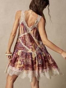 Bohemela Women's Floral Print Contrast Lace Hem Sleeveless Short Dress For Vacation Picnic Brown Floral Summer Boho - Multicolor - View 7