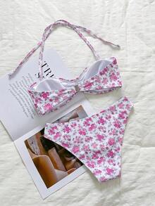 Swim Mod 花卉蕾絲可愛甜美復古休閒度假海灘海邊女款泳衣套裝 - 彩色 - 查看 2