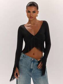 SHEIN BAE Top corto sexy de moda para mujer estilo francés con flecos en el bajo - Negro - Ver 1