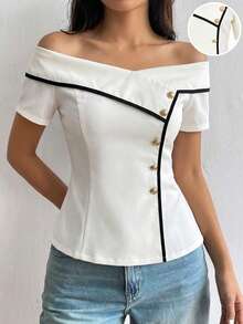 SHEIN Franclia Women's Spring/Summer Elegant Sophisticated Outing Date Commute , Colorblock Overlap Off-Shoulder Cinched Waist A-Line Metal Buckle Decor Short Sleeve Blouse - Multicolor - View 3