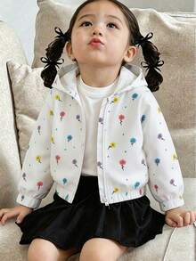SHEIN Elladie kids 女童新款春夏/秋冬白色多彩花卉圖案紋理布料拉鍊連帽開襟衫，適合日常休閒時尚，可愛優雅且具運動風穿搭 - 白色 - 查看 3