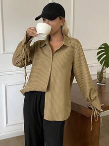 Livesso Herbst Senfgelb künstlerisch locker Business Lässig elegant Lehrerinnen-Tag Street Bindung Langarm Damenhemd Büro Brunch - Braun - Übersicht 6
