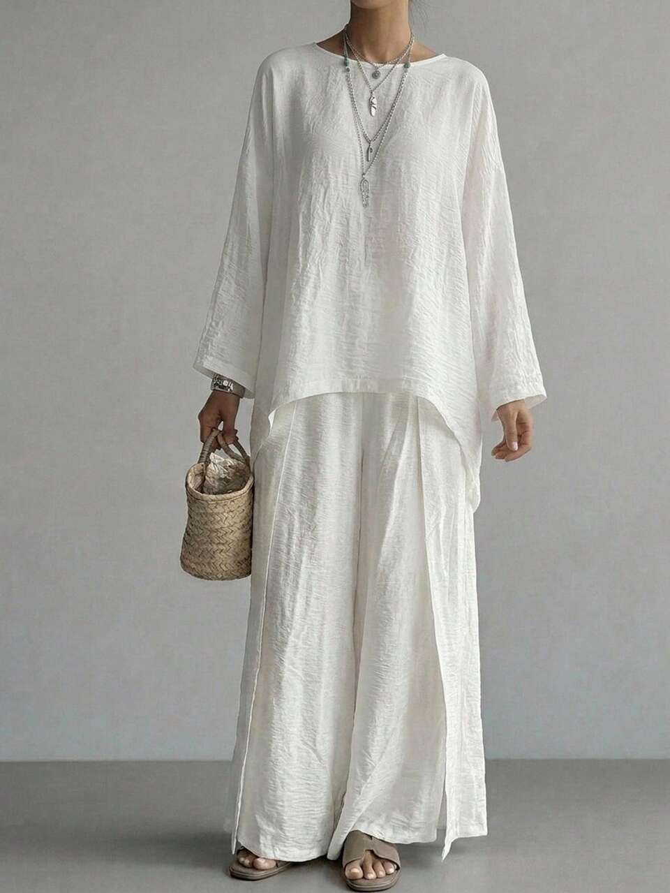 Women's Round Neck Loose Pullover Shirt And Wide Leg Long Pants Casual 2 Pieces Set