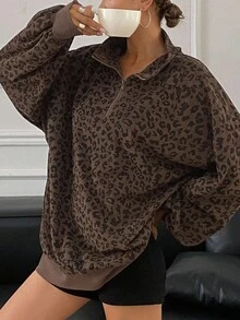 Dazy Tall 女款領口長袖寬鬆豹紋街頭休閒套頭運動衫 - 咖啡棕 - 查看 5