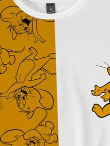 TOM & JERRY X SHEIN 男士夏季休閒拼色拼接卡通印花T恤 - 白色 - 查看 3