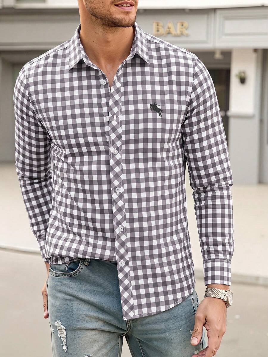 Manfinity Homme 男士灰色格紋長袖襯衫 - 灰色 - 查看 1