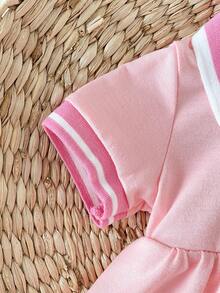 SHEIN Playful Pals 女嬰休閒簡約翻領草莓刺繡連身褲，春/夏 - 粉色 - 查看 3