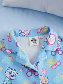 SHEIN | PAW Patrol 少女卡通印花單排扣短袖上衣與短褲休閒日常居家睡衣套裝 - 紫色 - 查看 3