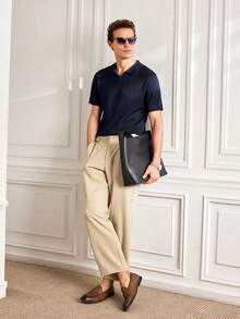 Officeau Men's Ribbed Airplane Collar Polo Knit Shirt, Short Sleeve, Summer Fashion - Navy Blue - View 5