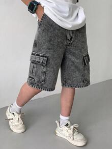 SHEIN Little Byeori 兒童青少年男孩休閒水洗工裝牛仔短褲 - 淺色水洗藍 - 查看 5