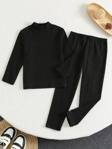 SHEIN 兒童 2 件組 青少年男孩休閒配色保暖領長袖上衣與長褲內衣套裝，適合秋冬穿著 - 黑色 - 查看 5