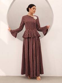 Graceveil Women's Polka Dot 3D Floral Decor Top And Skirt Casual Daily Outfit Set - Brown - View 3