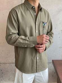 DAZY 通勤長袖綠色男士襯衫 夏季 - 軍綠色 - 查看 5