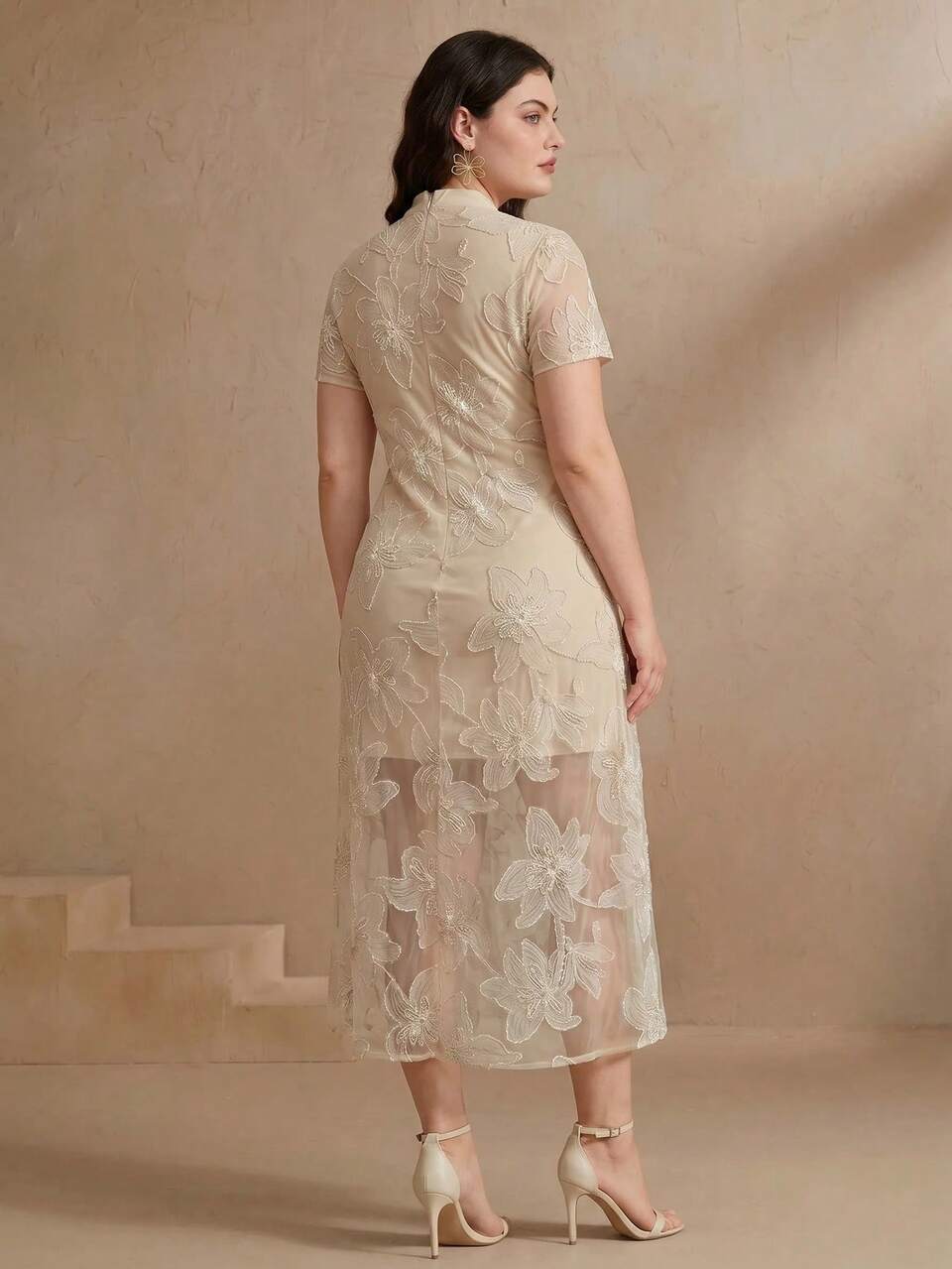 Anewsta Women's Spring/Summer Elegant Fashion Mesh Embroidered Chic Elegant New Apricot Short Sleeve Plus Size Dress, Elegant Dress