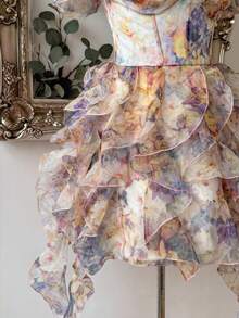 Lovelzi Elegant Romantic Vacation Glossy Shimmer Floral Strapless Off-Shoulder Ruffle Sleeve Bustier High Waist Slimming Asymmetrical Multi-Layered Ruffle Puff A-Line Skirt Extra Long Decorative Jellyfish Hem Back Adjustable Tie Strap Dress For Date Vacation Beach Wedding Event Graduation Homecoming Spring Summer Elegant Party Women Wedding Guest Gathering - Apricot - View 6