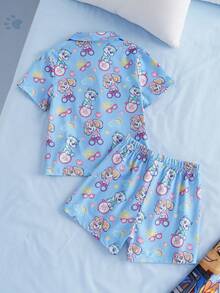 SHEIN | PAW Patrol 少女卡通印花單排扣短袖上衣與短褲休閒日常居家睡衣套裝 - 紫色 - 查看 2