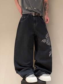 STEELVANCE 男士休閒百搭日常旅行牛仔褲，附口袋與鈕扣，卡通圖案 - 黑色 - 查看 4