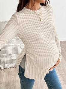 SHEIN Maternity Solid Color Split Design Casual Versatile Everyday Formal Maternity Work T-Shirt Fall - Apricot - View 6