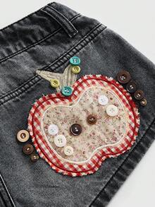 ROMWE Kawaii 復古可愛田園風格紋蘋果鈕扣刺繡超低腰迷你牛仔短褲 - 黑色 - 查看 2