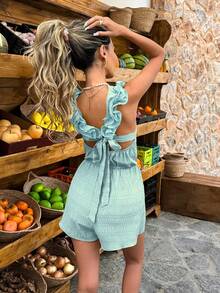 Selianne Olive Green Ruffle Strap Bandeau Short Jumpsuit, Textured Fabric, Casual Vacation Style, Spring/Summer, Standard Size - Baby Blue - View 3