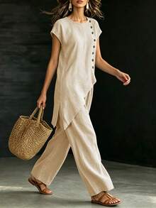 SHEIN Holidaya 2026夏季度假新款女款鄉村風休閒兩件套，藍色鈕扣裝飾不對稱下擺套裝 - 杏色 - 查看 4