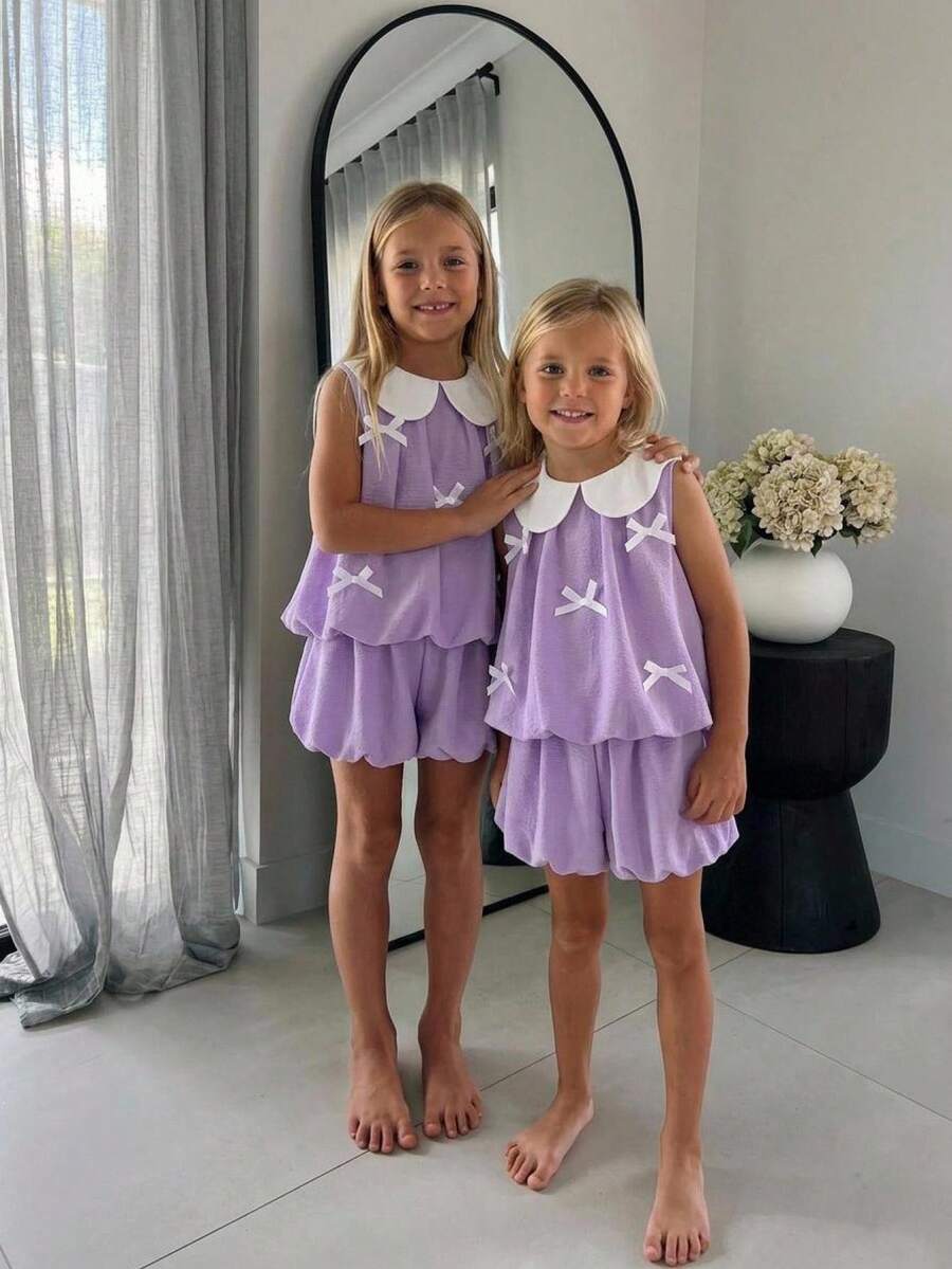 SHEIN Genkimix Kids 2件組少女 3D蝴蝶結裝飾休閒時尚彼得潘領無袖上衣 + 休閒時尚純色鬱金香短褲 - 紫色 - 查看 1