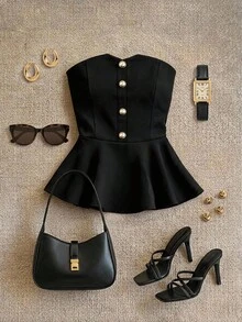 Grovea Camisa sin mangas con botones decorativos, estilo punk, talla grande, primavera/verano - Negro - Ver 1