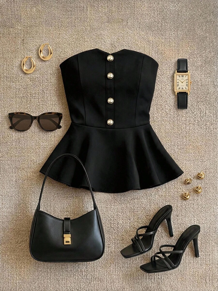 Grovea Camisa sin mangas con botones decorativos, estilo punk, talla grande, primavera/verano - Negro - Ver 1