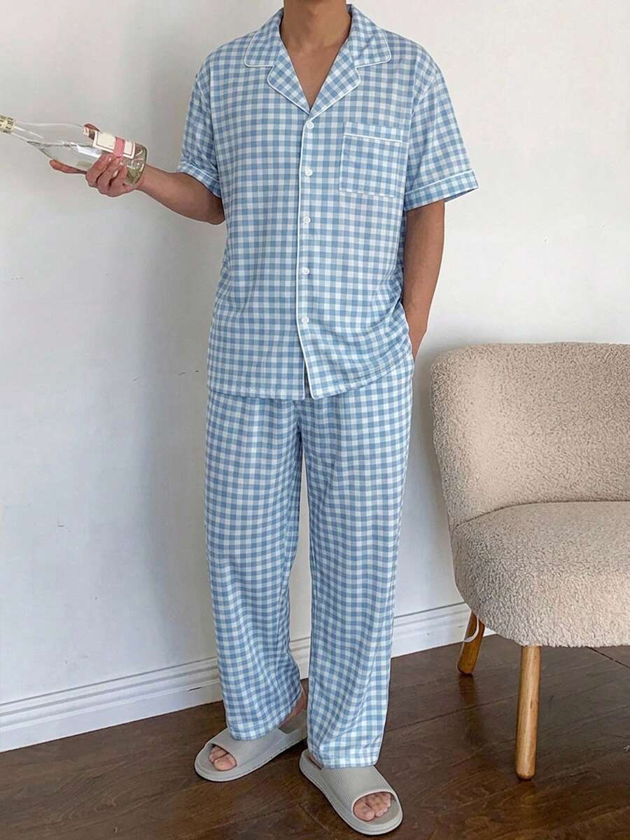 DAZY 男士藍白格紋短袖上衣與長褲家居服套裝 夏季睡衣 - 藍白色 - 查看 1