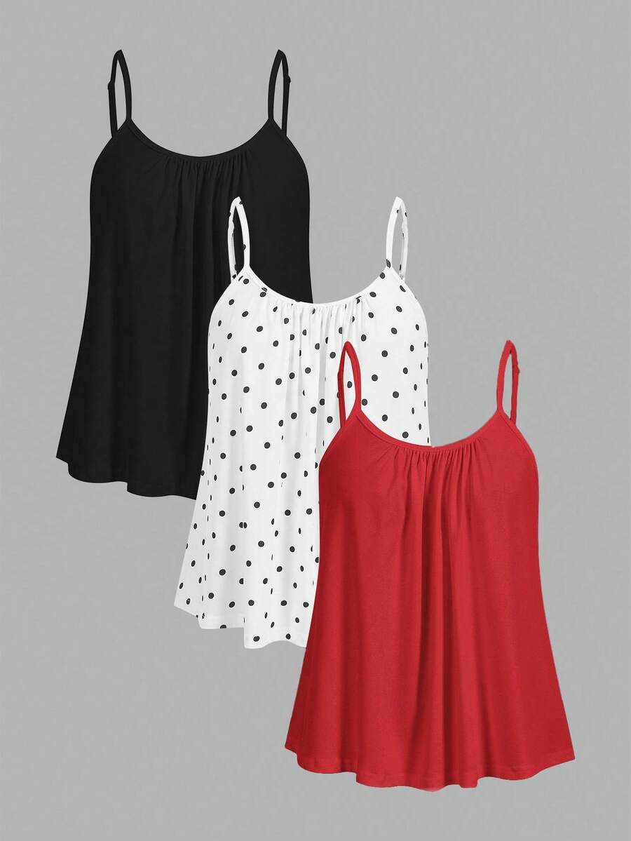 SHEIN EZwear 3pcs Women's Ruched Loose Camisole Tank Tops With Adjustable Straps, Suitable For Spring And Summer - Multicolor - View 1