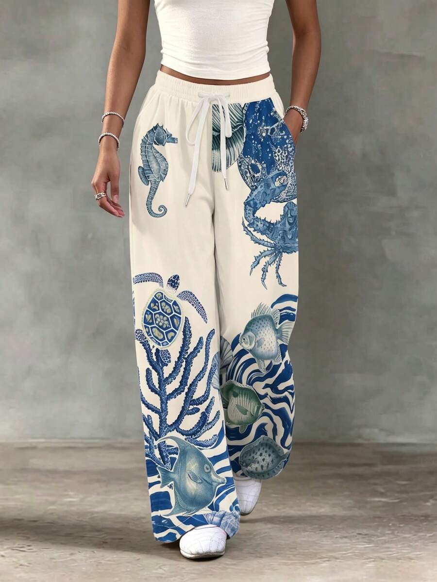 SHEIN 女款夏季極簡度假風長褲,海洋魚類、海龜、貝殼元素圖案,波希米亞度假風 - 彩色 - 查看 1