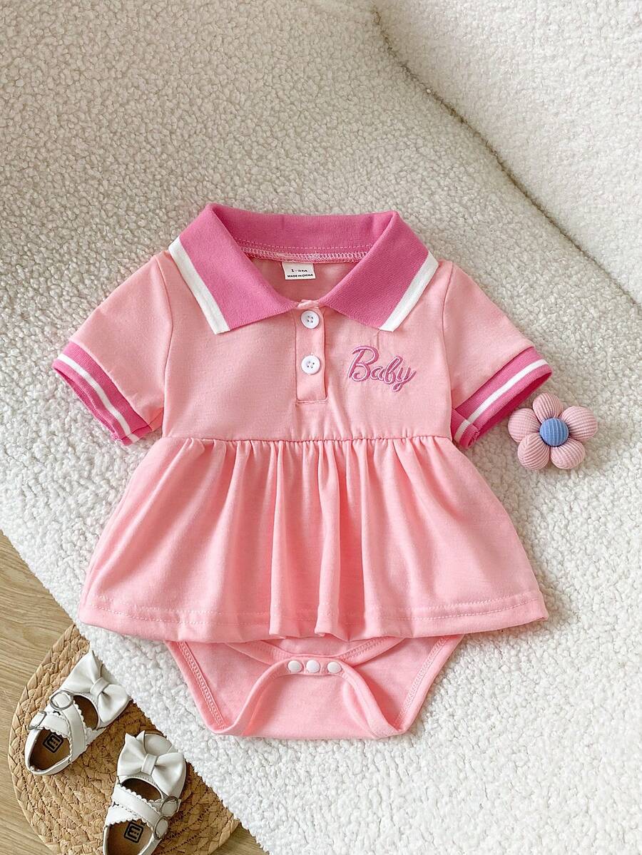 SHEIN Playful Pals 女嬰休閒簡約翻領草莓刺繡連身褲,春/夏 - 粉色 - 查看 1