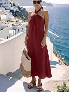 SHEIN Holidaya Women's Elegant Jamican Sexy Halter Neck Beach Vacation Dress, Dark Red Slimming A-Line, Sleeveless Full Skirt Mediterranean Style, Ring Buckle Summer - Burgundy - View 4