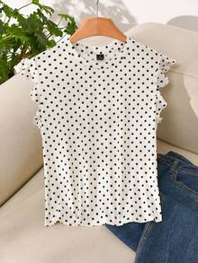 Story & Sage Casual Vacation Women's T-Shirt Spring Summer Fitted Polka Dot T-Shirt Ruffle Sleeve T-Shirt Black And White T-Shirt Elegant Office Business White Top - Black and White - View 5
