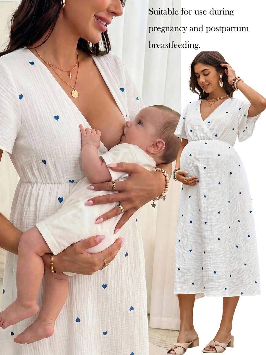 Boho Mama 哺乳V领爱心印花休闲短袖连衣裙 - 白色 - 查看 1