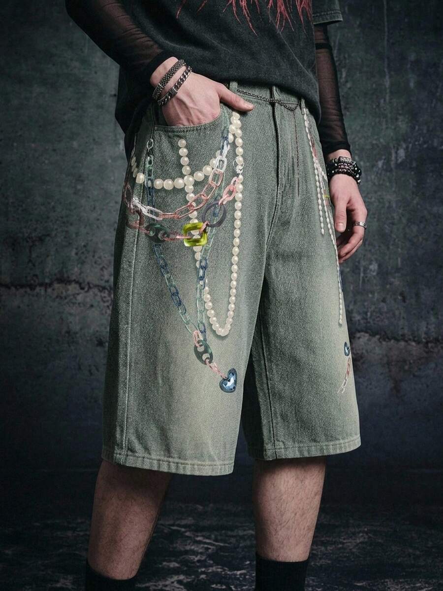 Manfinity ZONE917 High Street Distressed Faux Pearl Pendant Gemstone Washed Blue Bermuda Denim Shorts - Multicolor - View 1