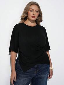 Maija Plus Size Women's Solid Color Round Neck Short Sleeve Ruched Asymmetric Hem Casual T-Shirt Club Formal Black Summer Autumn Halloween - Black - View 5