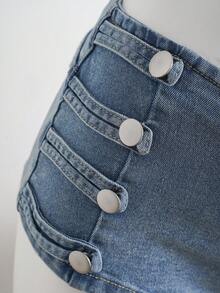 Elamini Women's Summer Fashion Napoleon Style Button Washed Denim Shorts - Medium Wash - View 4