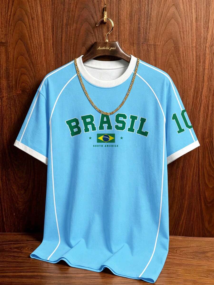 Manfinity Campus Court 復西足球T恤,淺藍色,夏季,街頭風,城市度假,BRASIL 10號印花,男士圖案T恤,時尚運動上衣,足球 - 彩色 - 查看 1