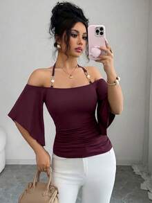 SHEIN Elenzya 女款純色細肩帶背心T恤，掛脖短袖簡約優雅修身抓褶上衣，春夏新品，適合日常通勤、音樂節、晚餐、派對、度假，復古百搭風格 - 紫色 - 查看 5