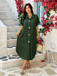 Vionelle Plus Size Women's Metal Starfish Decor Casual Elegant Party Vacation Dress Dark Green Summer - Army Green - View 3