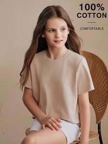 Anewsta Spring/Summer New Girl's Minimalist Modest Solid Color 100 Pure Cotton All-Match Versatile Short Sleeve T-Shirt Beige - Apricot - View 5