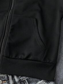 Girlism 兒童青少年女孩秋冬新款基礎街頭風休閒黑色純色針織小Logo刺繡圖案拉鍊連帽修身運動外套，返校季 - 黑色 - 查看 6