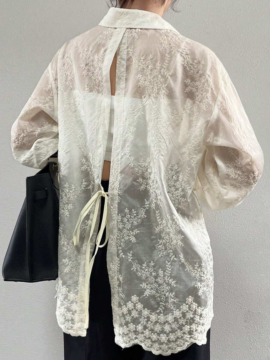 DAZY 女款花卉刺繡圖案休閒日常長袖襯衫 - 杏色 - 查看 1