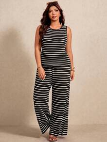 Elaquor Plus Size Women's Round Neck Striped Colorblock Top And Wide Leg Pants Casual Daily 2-Piece Set - Black and White - View 3